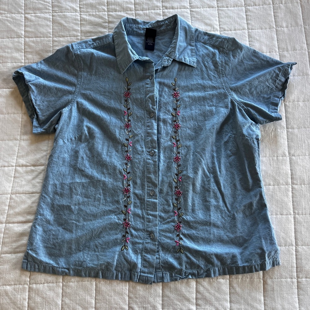 Basic Editions Womens XL Blue Cotton Embroidered Floral Short Sleeve Button Top